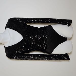 NEW Sequined Body Suit Long Sleeve Thong Style Black Size S